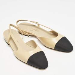 Chanel Beige/Black Leather and Grosgrain Cap Toe Slingback Flats Size 37