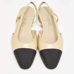 Chanel Beige/Black Leather and Grosgrain Cap Toe Slingback Flats Size 37