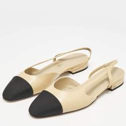 Chanel Beige/Black Leather and Grosgrain Cap Toe Slingback Flats Size 37