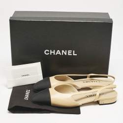 Chanel Beige/Black Leather and Grosgrain Cap Toe Slingback Flats Size 37