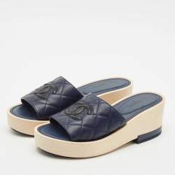 Chanel Blue/Black Quilted Leather CC Slide Sandals Size 40