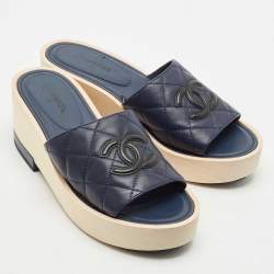 Chanel Blue/Black Quilted Leather CC Slide Sandals Size 40