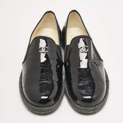 Chanel Black Patent Leather CC Espadrille Loafers Size 41