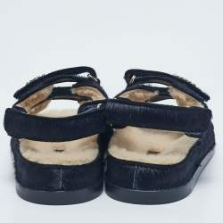 Chanel Navy Blue Calf Hair CC Dad Flat Sandals Size 39.5