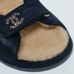 Chanel Navy Blue Calf Hair CC Dad Flat Sandals Size 39.5