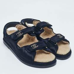 Chanel Navy Blue Calf Hair CC Dad Flat Sandals Size 39.5