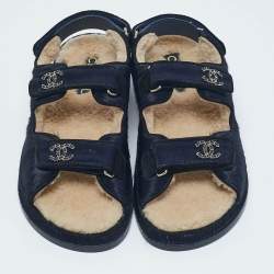 Chanel Navy Blue Calf Hair CC Dad Flat Sandals Size 39.5