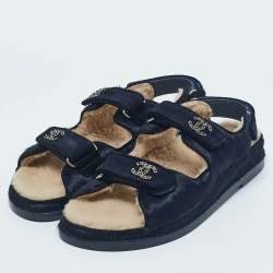 Chanel Navy Blue Calf Hair CC Dad Flat Sandals Size 39.5