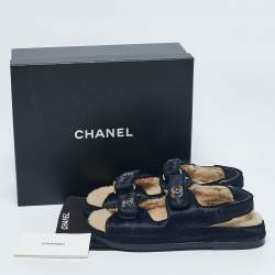Chanel Navy Blue Calf Hair CC Dad Flat Sandals Size 39.5