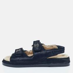 Chanel Navy Blue Calf Hair CC Dad Flat Sandals Size 39.5