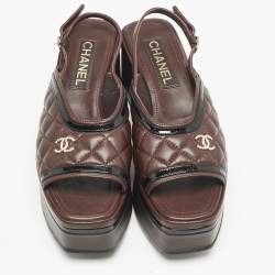 Pre Owned Chanel Burgundy Leather CC Quilted Platform Slingback Sandals Size 37.5