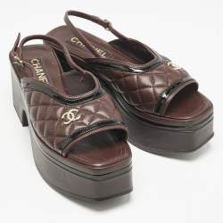 Pre Owned Chanel Burgundy Leather CC Quilted Platform Slingback Sandals Size 37.5