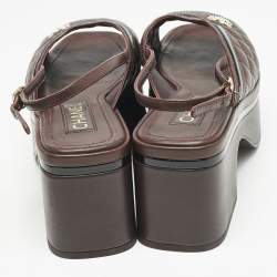 Pre Owned Chanel Burgundy Leather CC Quilted Platform Slingback Sandals Size 37.5