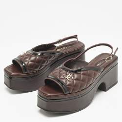 Pre Owned Chanel Burgundy Leather CC Quilted Platform Slingback Sandals Size 37.5