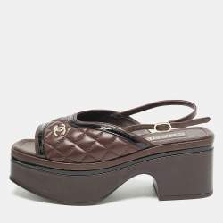 Pre Owned Chanel Burgundy Leather CC Quilted Platform Slingback Sandals Size 37.5