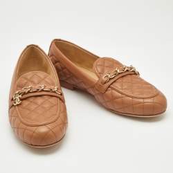 Chanel Brown Quilted Leather CC Chain Loafers Size 37.5