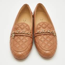Chanel Brown Quilted Leather CC Chain Loafers Size 37.5
