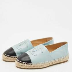 Pre Owned Chanel Blue/Black Leather CC Cap Toe Espadrille Flats Size 36