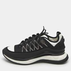 Chanel Black/White Nylon and Leather CC Low Top Sneakers Size 38.5