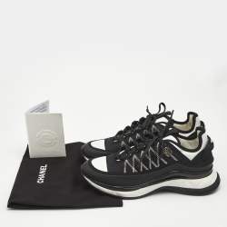 Chanel Black/White Nylon and Leather CC Low Top Sneakers Size 38.5