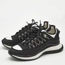 Chanel Black/White Nylon and Leather CC Low Top Sneakers Size 38.5