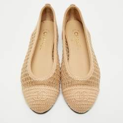 Chanel Beige Raffia CC Cap Toe Ballet Flats Size 38