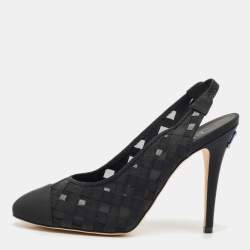 Chanel Black Woven Fabric and Mesh CC Cap Toe Slingback Pumps Size 38.5