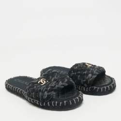 Chanel Two Tone Tweed Interlocking CC logo Flat Slides Size 41