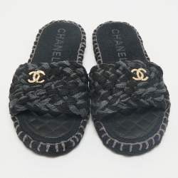 Chanel Two Tone Tweed Interlocking CC logo Flat Slides Size 41