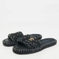 Chanel Two Tone Tweed Interlocking CC logo Flat Slides Size 41