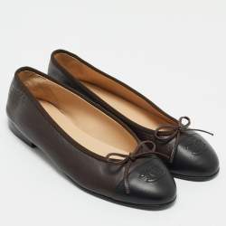 Chanel Black/Brown Leather CC Cap Toe Bow Ballet Flats Size 38