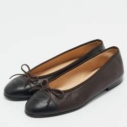 Chanel Black/Brown Leather CC Cap Toe Bow Ballet Flats Size 38
