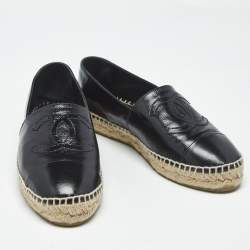 Pre Owned Chanel Black Leather CC Cap Toe Espadrille Flats Size 38