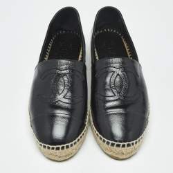 Pre Owned Chanel Black Leather CC Cap Toe Espadrille Flats Size 38