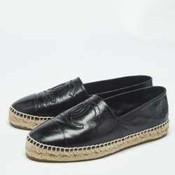 Pre Owned Chanel Black Leather CC Cap Toe Espadrille Flats Size 38