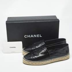 Pre Owned Chanel Black Leather CC Cap Toe Espadrille Flats Size 38