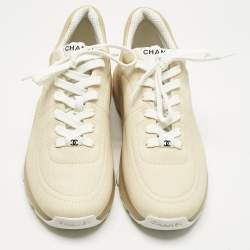 Pre Owned Chanel Cream Canvas CC Low Top Sneakers Size 39