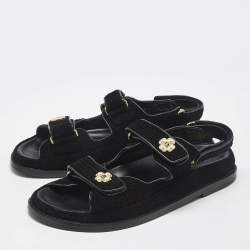 Pre Owned Chanel Black Tweed Dad Slingack Flat Sandals Size 39
