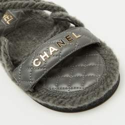 Pre Owned Chanel Grey Leather and Rope Dad Ankle Strap Sandals Size 38
