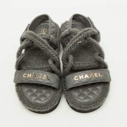 Pre Owned Chanel Grey Leather and Rope Dad Ankle Strap Sandals Size 38