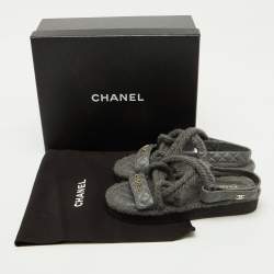 Pre Owned Chanel Grey Leather and Rope Dad Ankle Strap Sandals Size 38