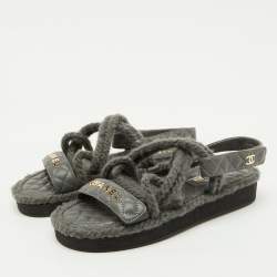 Pre Owned Chanel Grey Leather and Rope Dad Ankle Strap Sandals Size 38