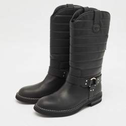 Pre Owned Chanel Black Nylon and Leather CC Logo Star Biker Boots Size 40