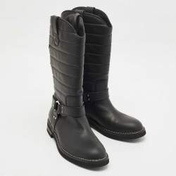 Pre Owned Chanel Black Nylon and Leather CC Logo Star Biker Boots Size 40