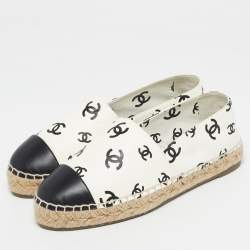 Pre Owned Chanel Cream/Black Leather CC Cap Toe Espadrille Flats Size 37