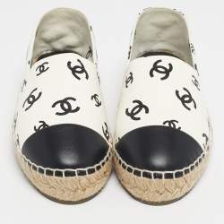Pre Owned Chanel Cream/Black Leather CC Cap Toe Espadrille Flats Size 37