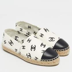 Pre Owned Chanel Cream/Black Leather CC Cap Toe Espadrille Flats Size 37