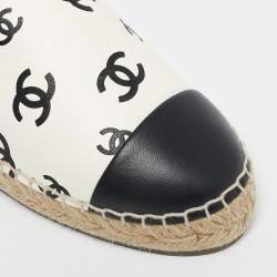 Pre Owned Chanel Cream/Black Leather CC Cap Toe Espadrille Flats Size 37
