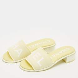 Pre Owned Chanel Yellow/White Fabric Logo Slide Sandals Size 38.5