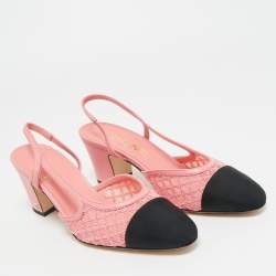 Pre Owned Chanel Pink/Black Leather and Grosgrain Cap Toe Slingback Pumps Size 37.5